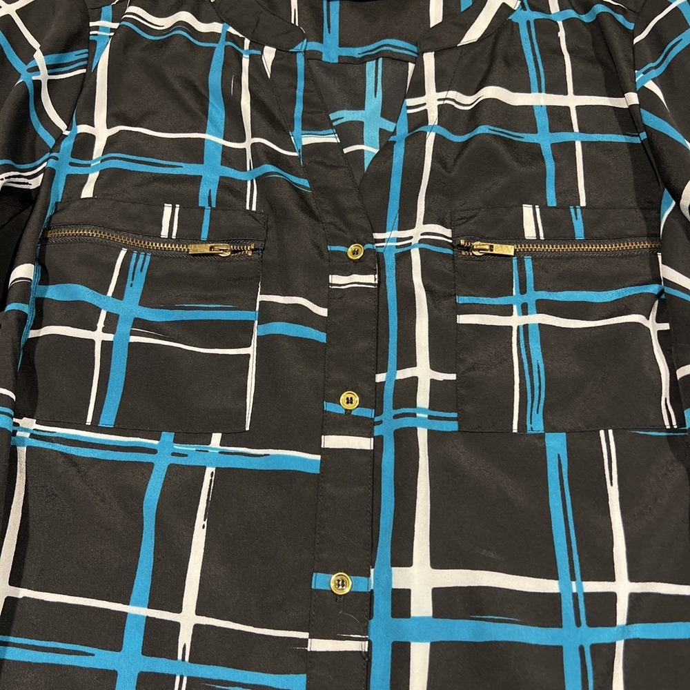 AVENUE Top Button 3/4 Sleeve Roll Tab Geometric Check‎ Women's 14/16 - Picture 3 of 13